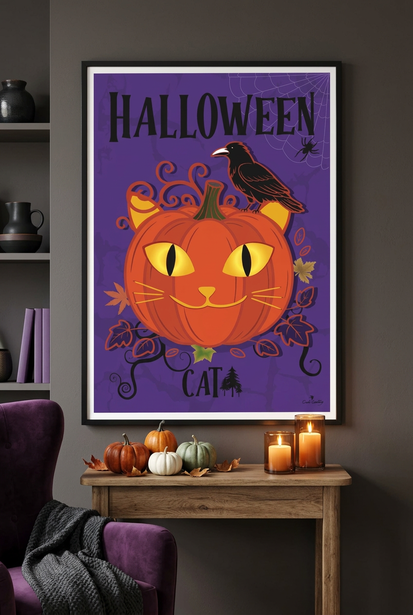 Affiche Halloween encadrée avec chat orange et corbeau, yeux jaunes, fond violet