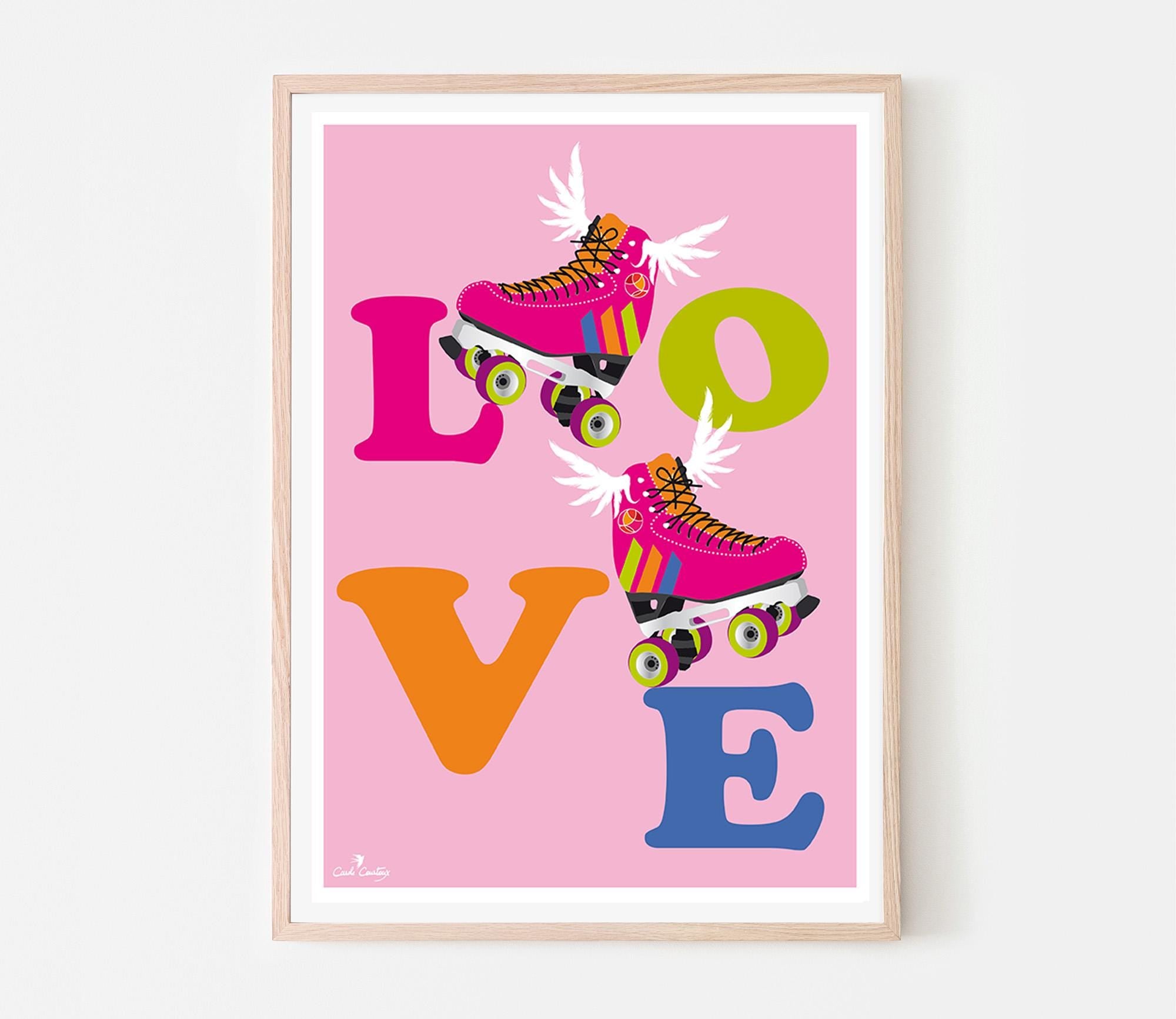 Affiche encadrée avec patins à roulettes et lettres LOVE, fond rose