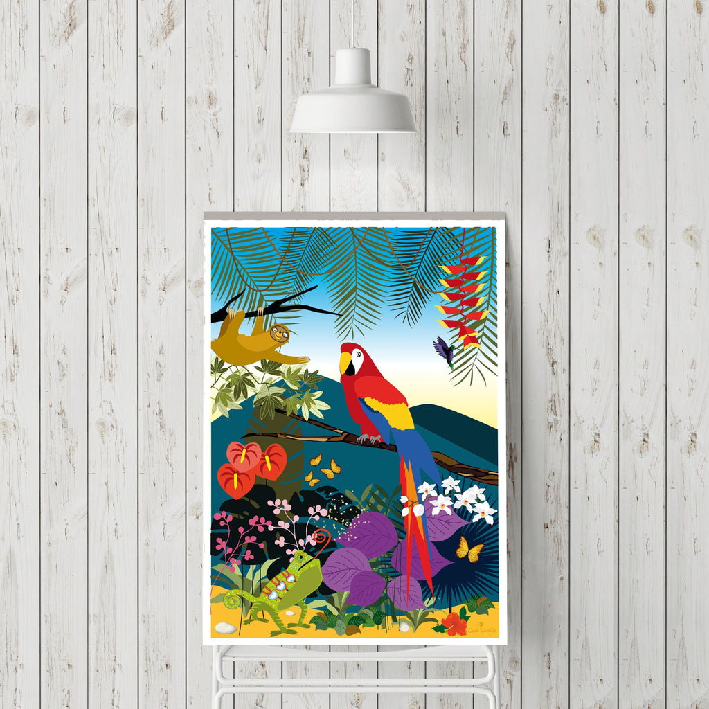 Affiche encadrée perroquet coloré dans un décor tropical, fleurs et papillon