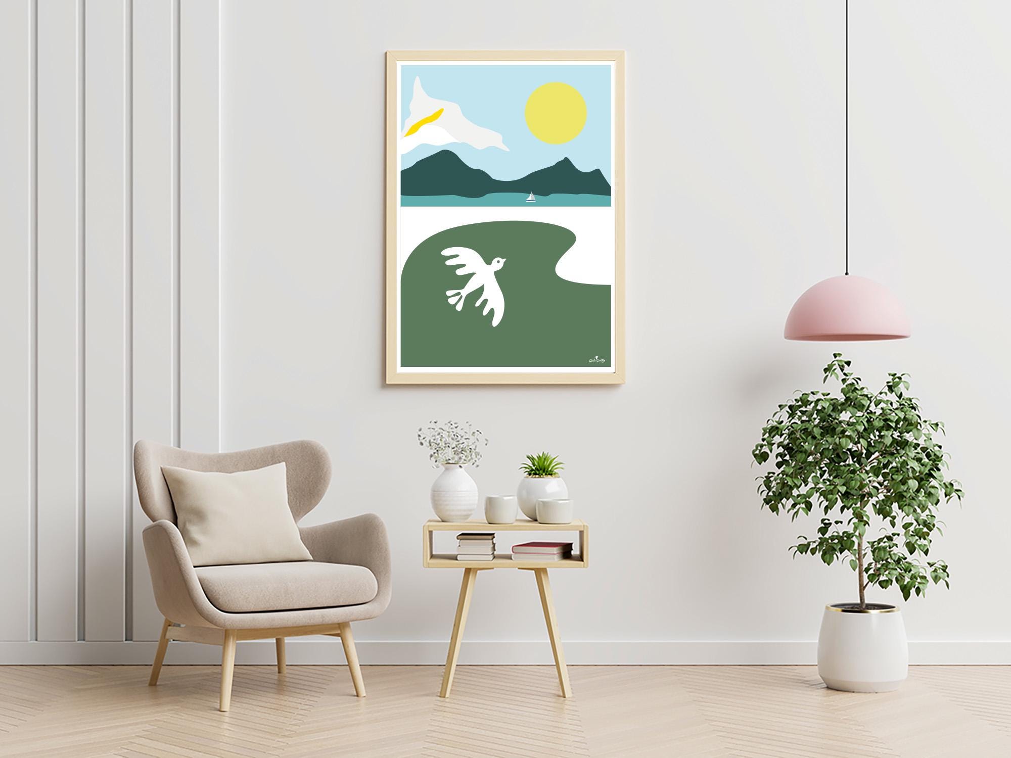 Affiche encadrée: soleil, montagnes et oiseau blanc sur fond vert, style voyage