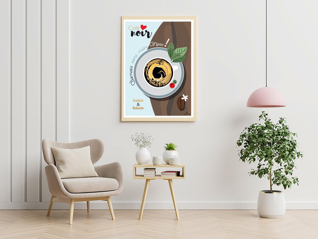 Affiche café encadrée: tasse noire, feuilles vertes, baies rouges