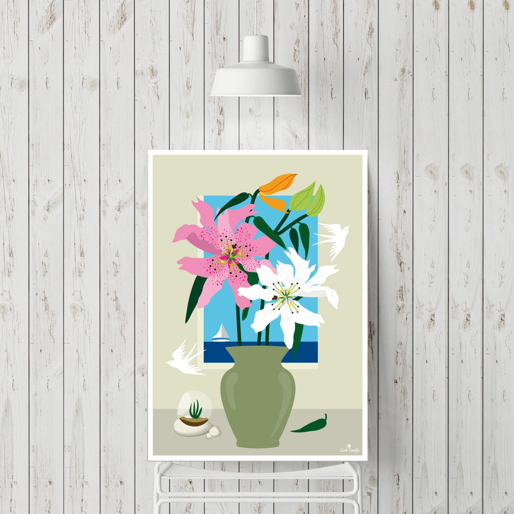 Affiche florale sans cadre, vase vert et fleurs rose, bleues et blanches, composition carrée