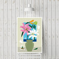 Affiche florale sans cadre, vase vert et fleurs rose, bleues et blanches, composition carrée