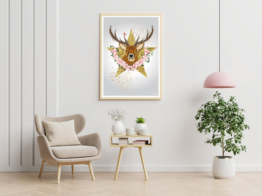 Affiche encadrée de cerf brun, étoile dorée et fleurs roses, décoration murale