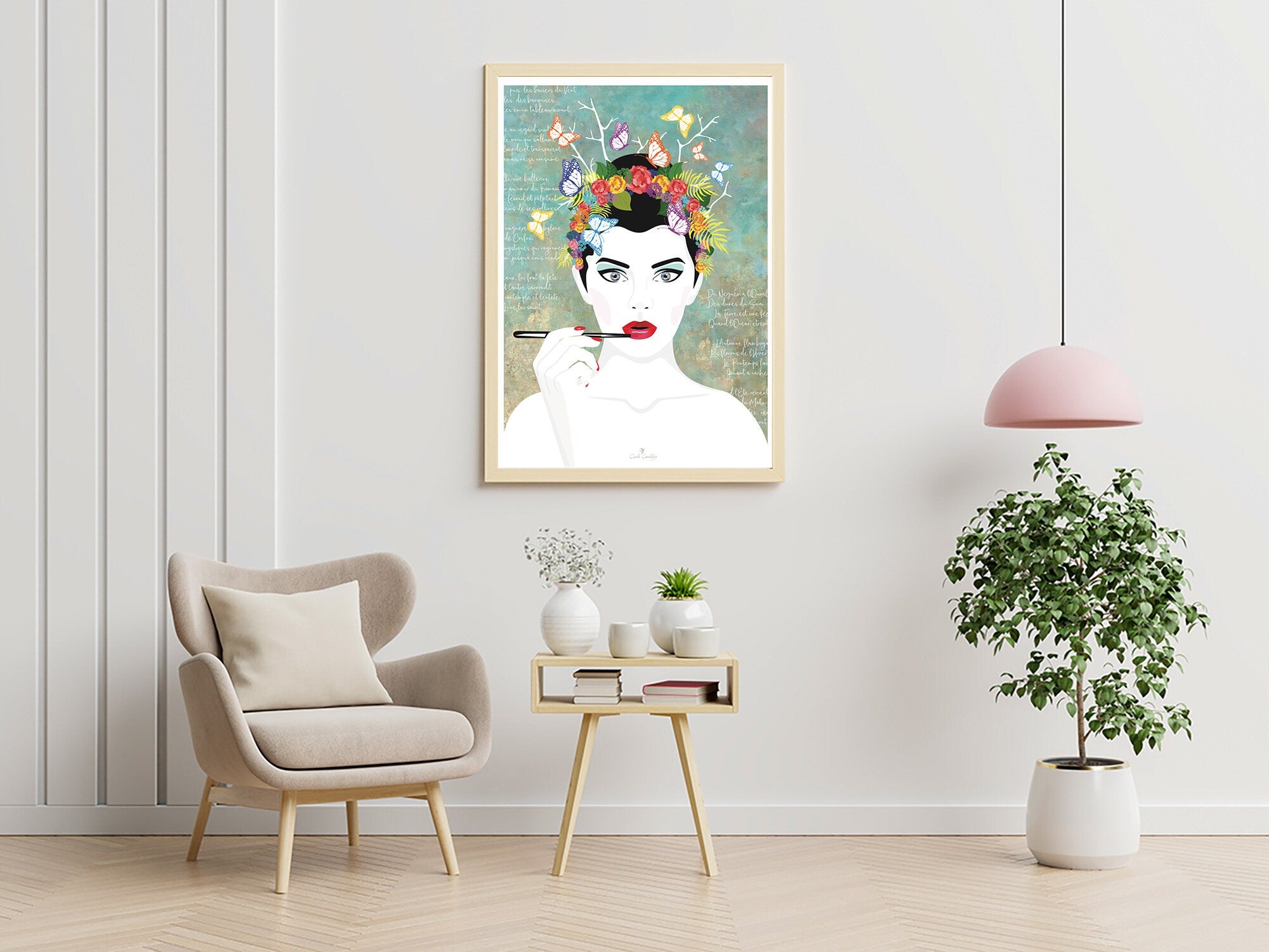 Affiche encadrée portrait féminin, couronne de fleurs multicolores, fond bleu-vert