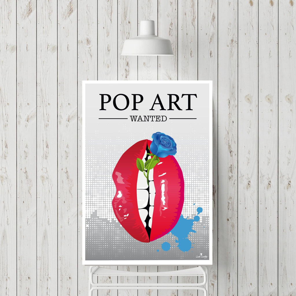 Affiche pop art avec lèvres rouges, rose bleue et texte « POP ART WANTED »