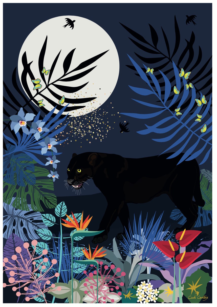 Affiche panthère : félin noir, grande lune blanche, feuillages bleus et fleurs colorées.