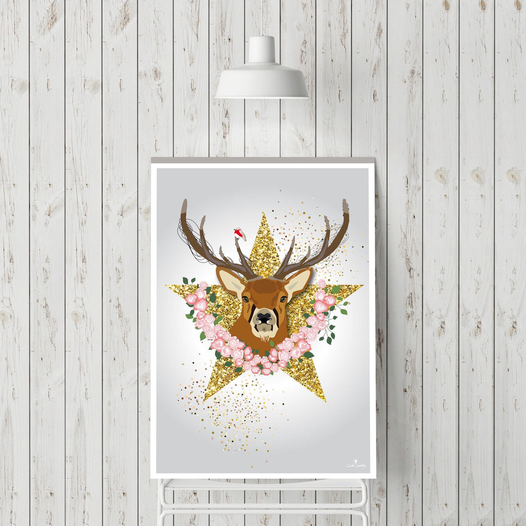 Affiche encadrée de cerf brun, étoile dorée décorée de fleurs roses, illustration verticale