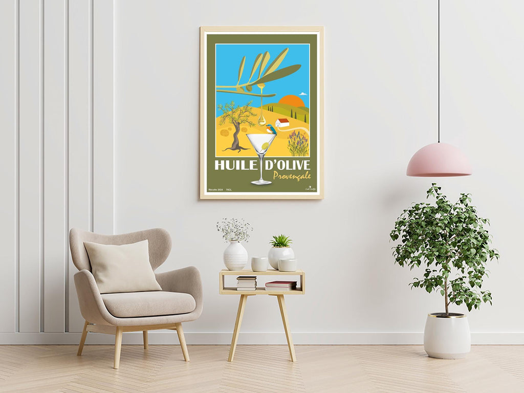 Affiche d’huile d’olive provençale encadrée, illustration paysage et verre à cocktail