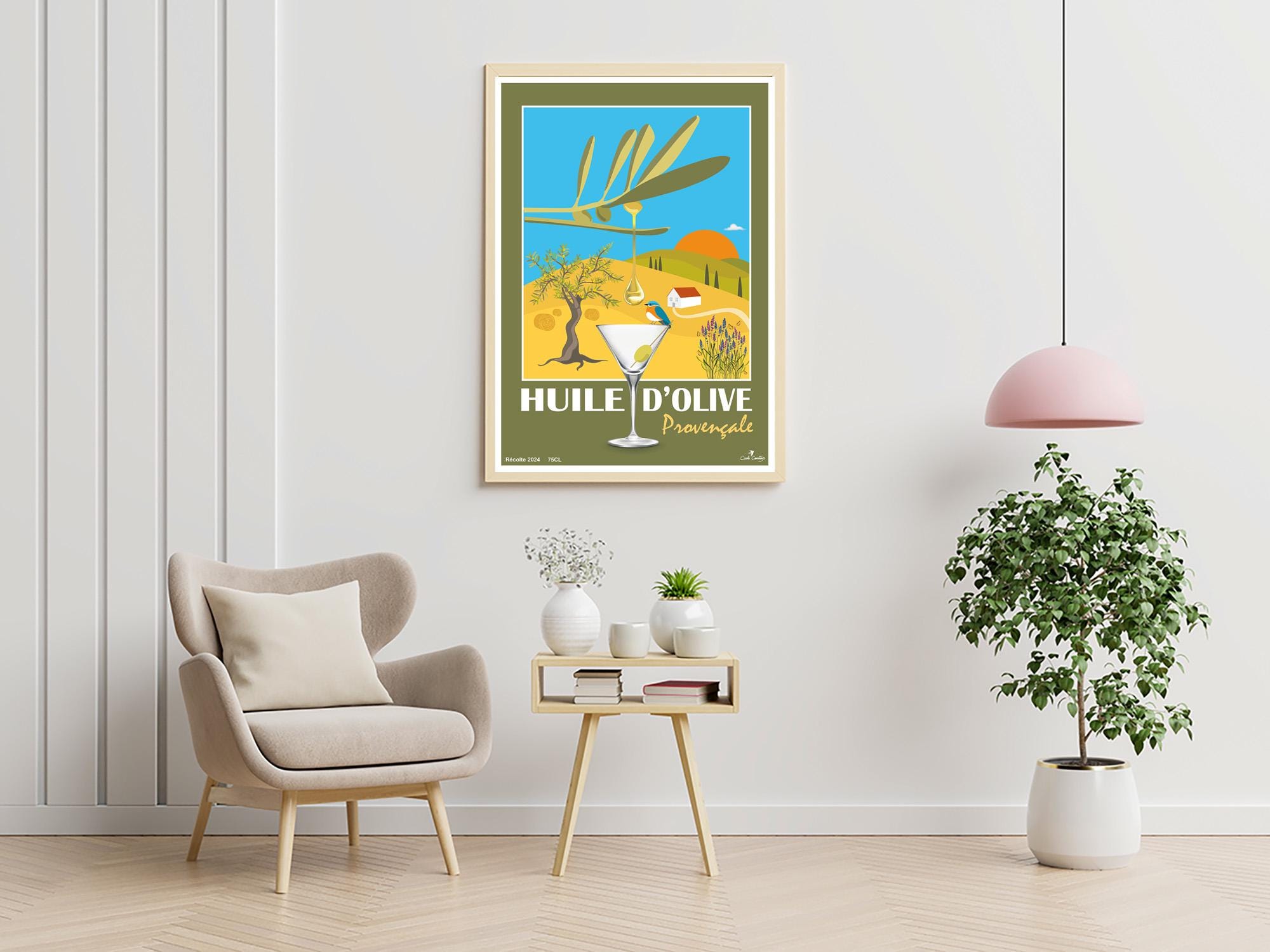 Affiche d’huile d’olive provençale encadrée, illustration paysage et verre à cocktail