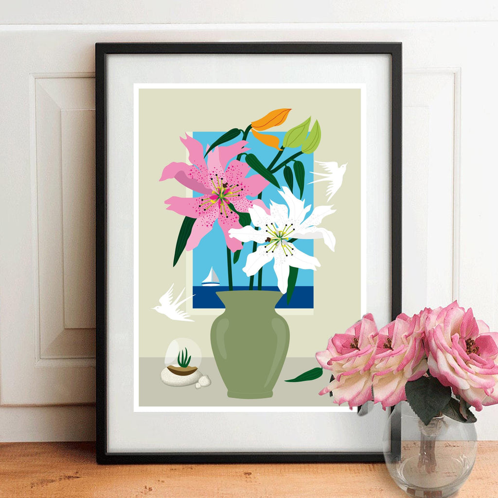 Affiche florale encadrée, vase vert et fleurs rose, bleues et blanches sur fond clair