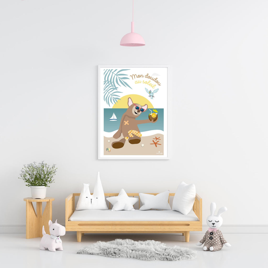 Affiche encadrée au motif doudou ours brun, lunettes bleues et citron