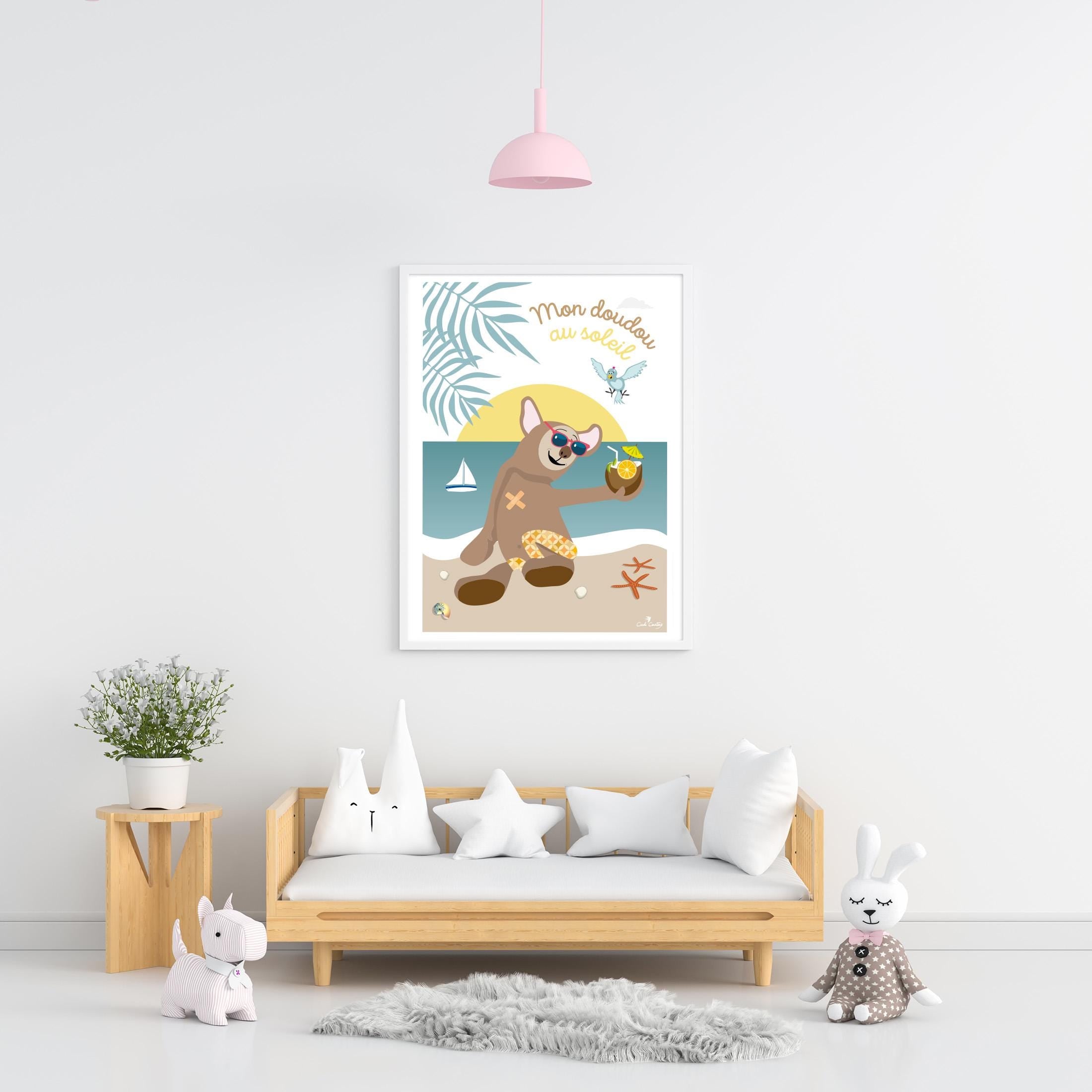 Affiche encadrée au motif doudou ours brun, lunettes bleues et citron