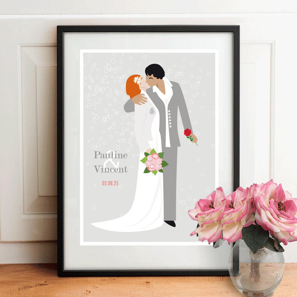 Affiche de mariage encadrée, couple stylisé et bouquet floral, prénoms et date