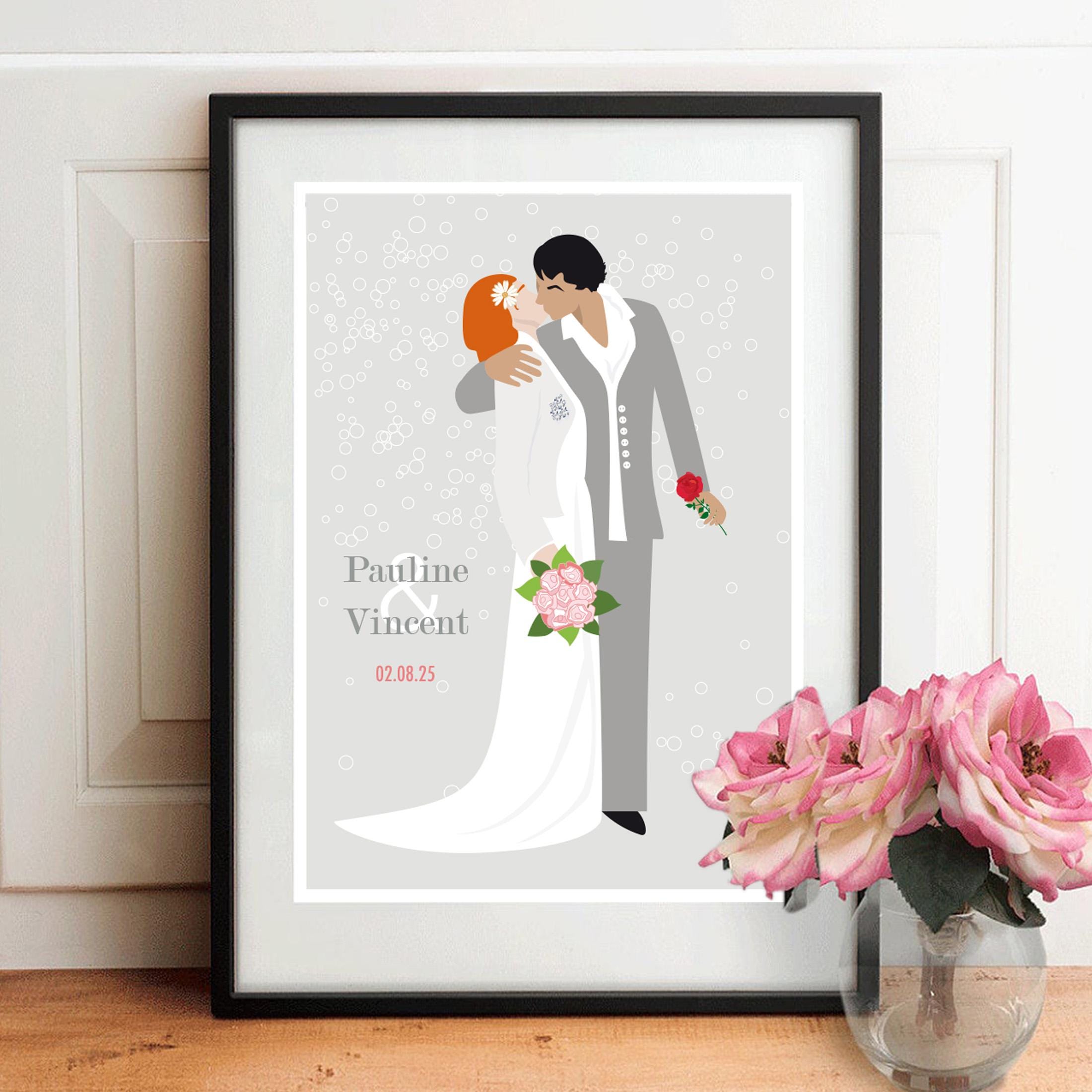 Affiche de mariage encadrée, couple stylisé et bouquet floral, prénoms et date