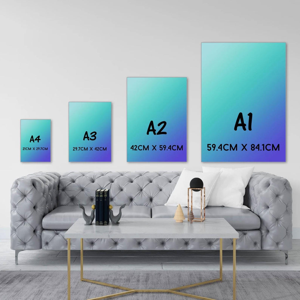 Affiches dégradé bleu-vert avec repères de tailles A4, A3, A2, A1