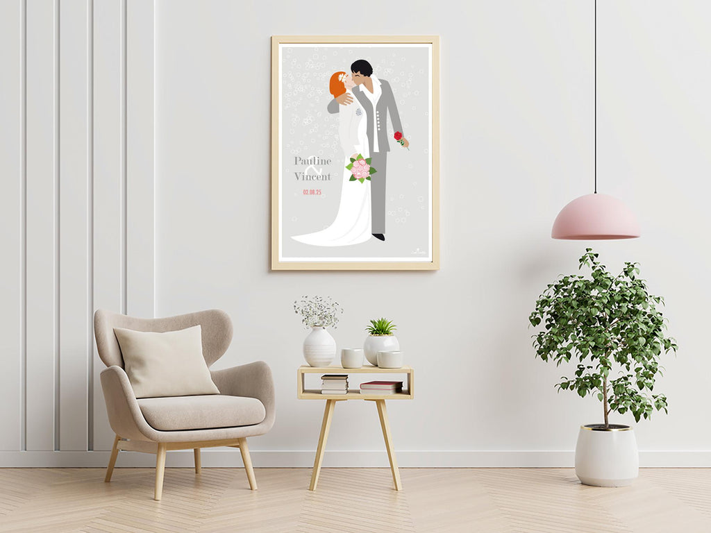 Affiche de mariage encadrée sur mur clair, couple stylisé et bouquet floral