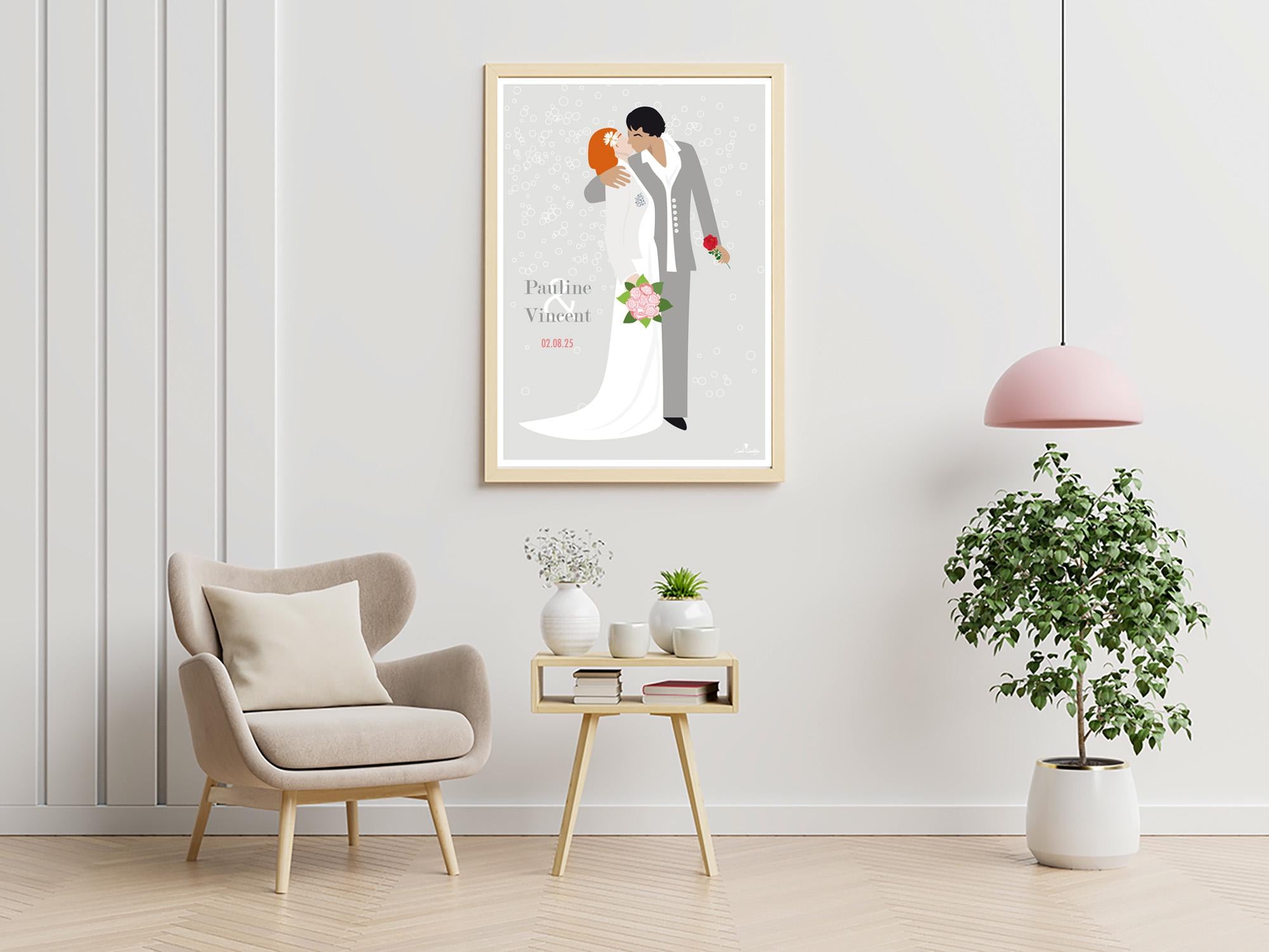 Affiche de mariage encadrée sur mur clair, couple stylisé et bouquet floral