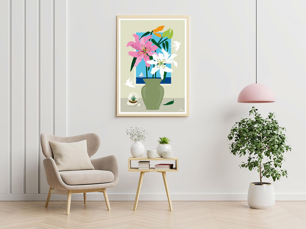 Affiche florale encadrée doré, vase vert et fleurs rose, bleues et blanches sur fond clair