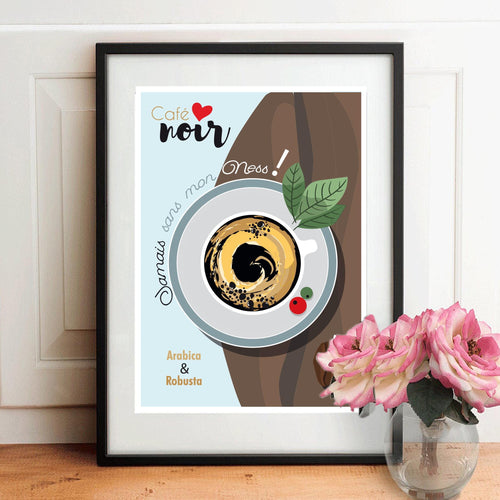 Affiche café encadrée: tasse, feuilles vertes, « Café noir »