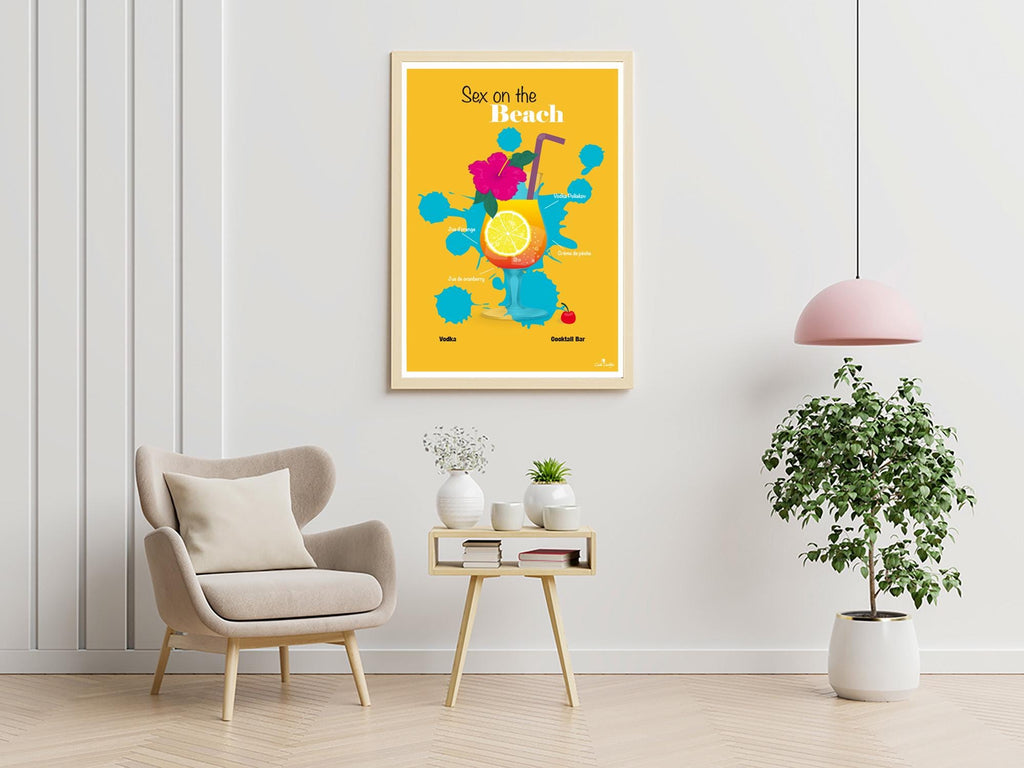 Affiche encadrée avec cocktail et fleurs sur fond jaune, petit format mural