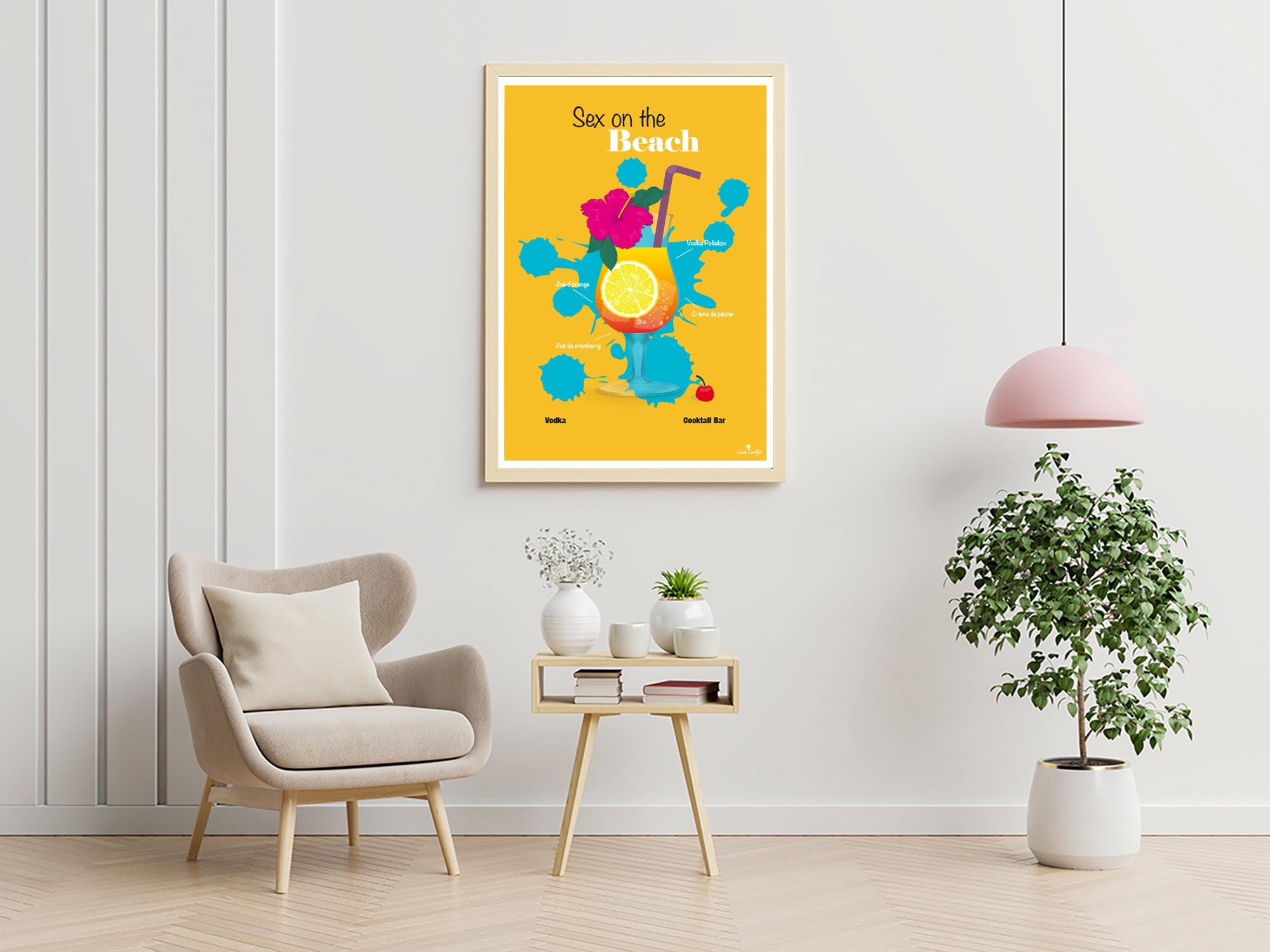 Affiche encadrée avec cocktail et fleurs sur fond jaune, petit format mural