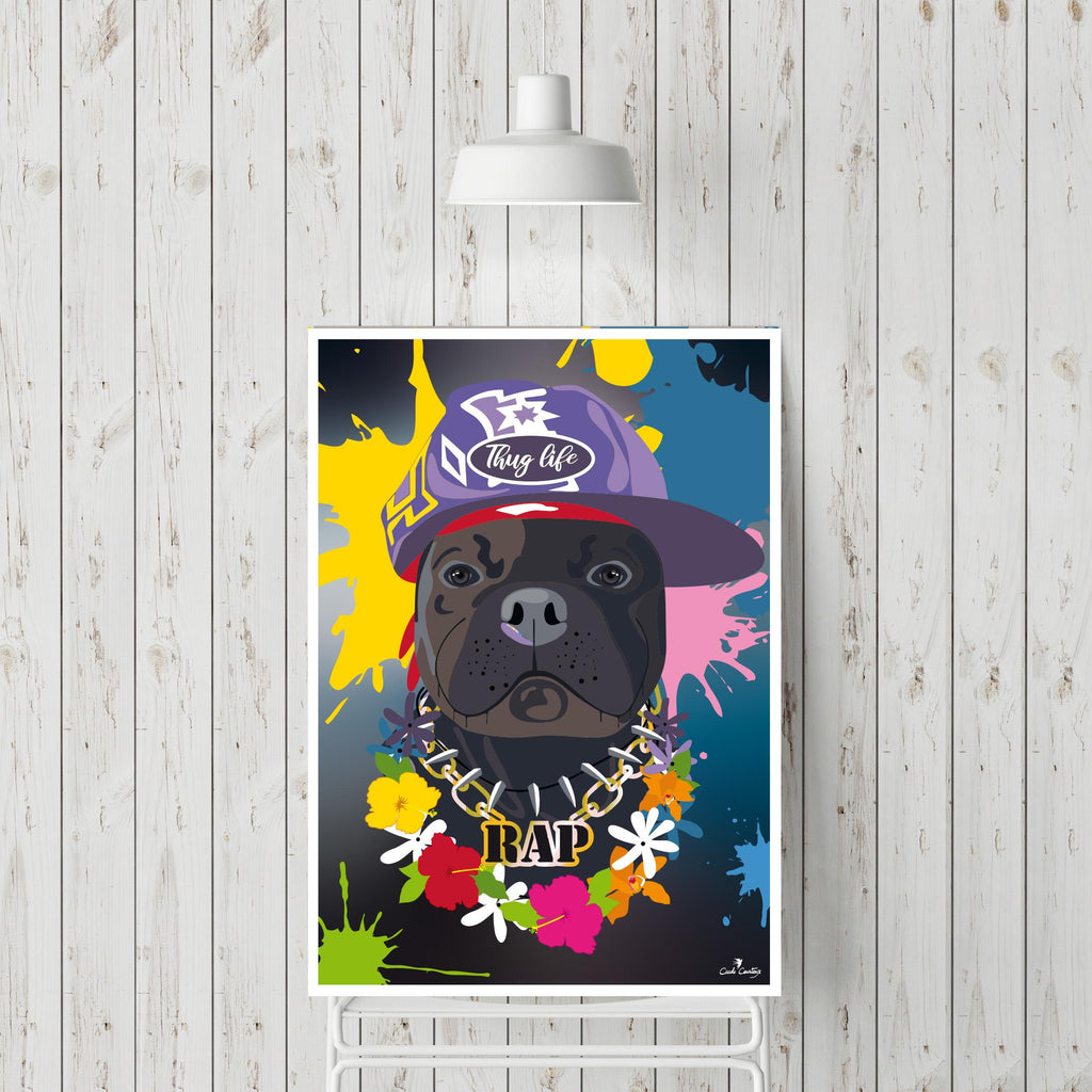 Affiche digitale: portrait de chien noir au chapeau, éclaboussures colorées et fleurs