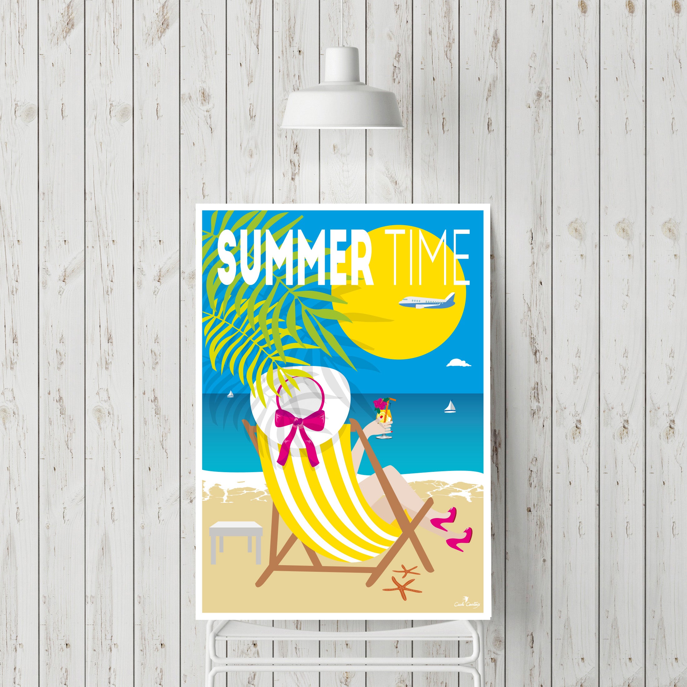 Affiche d’art mural avec illustration de plage et texte « Summer Time ».
