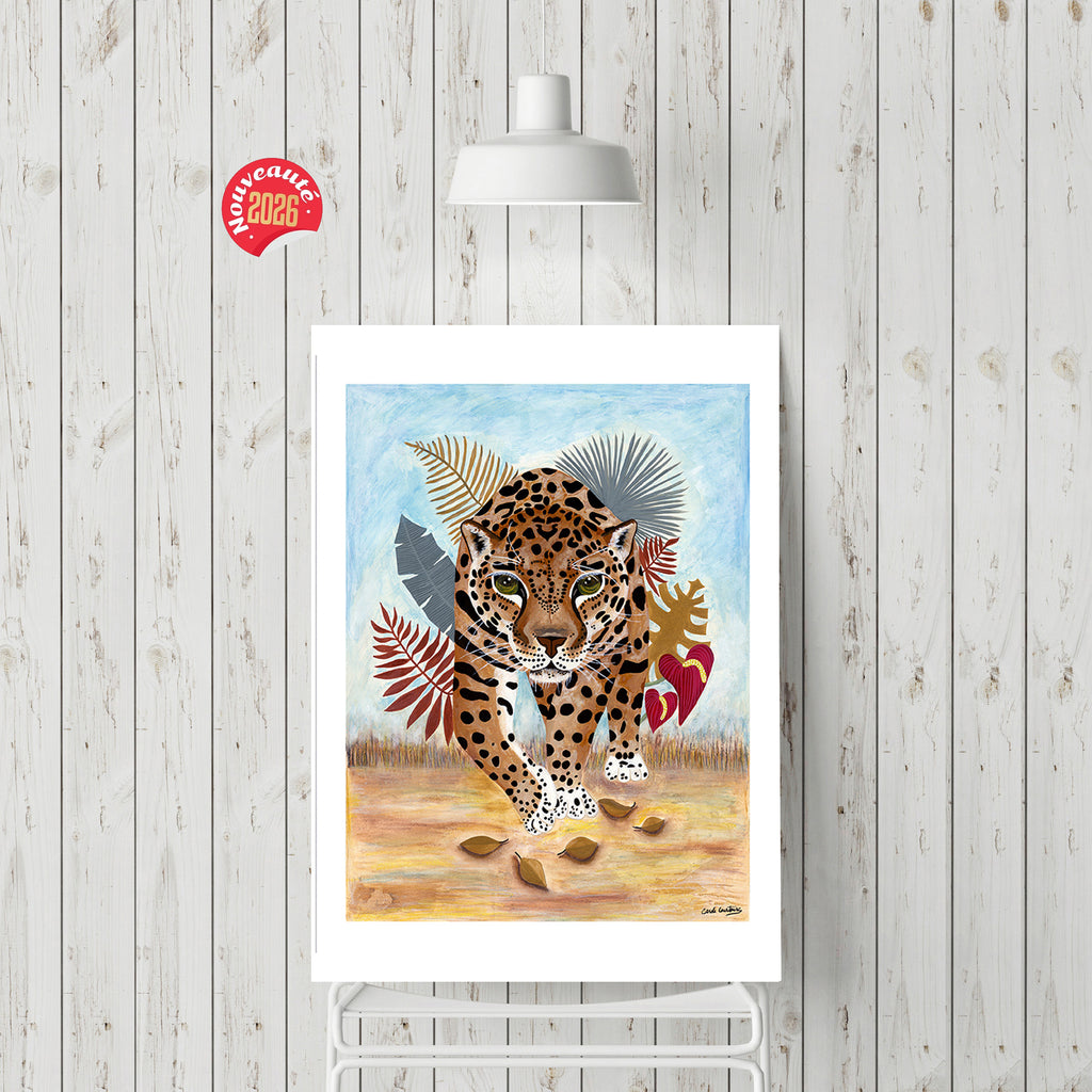 Affiche de tigre aux taches, fond bleu, feuilles tropicales rouges et vertes