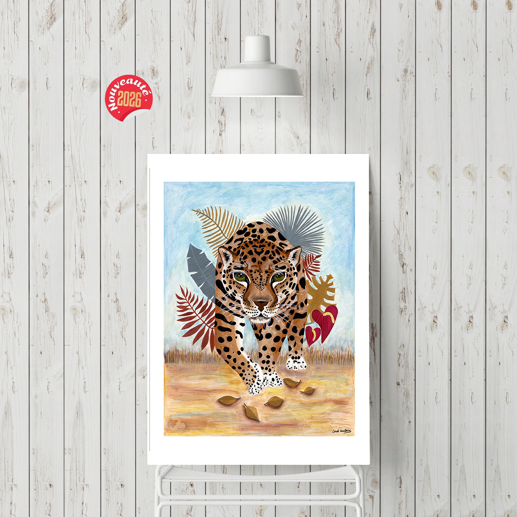 Affiche de tigre aux taches, fond bleu, feuilles tropicales rouges et vertes