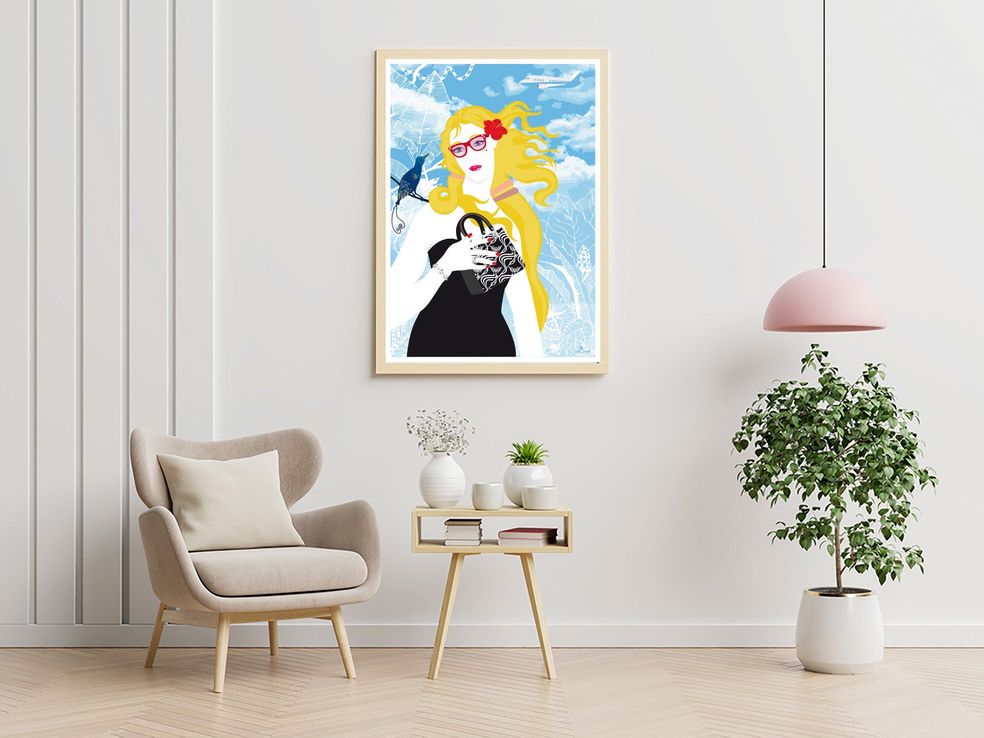 Affiche encadrée de Vénus avec femme aux cheveux blonds, lunettes, robe noire sur fond bleu.