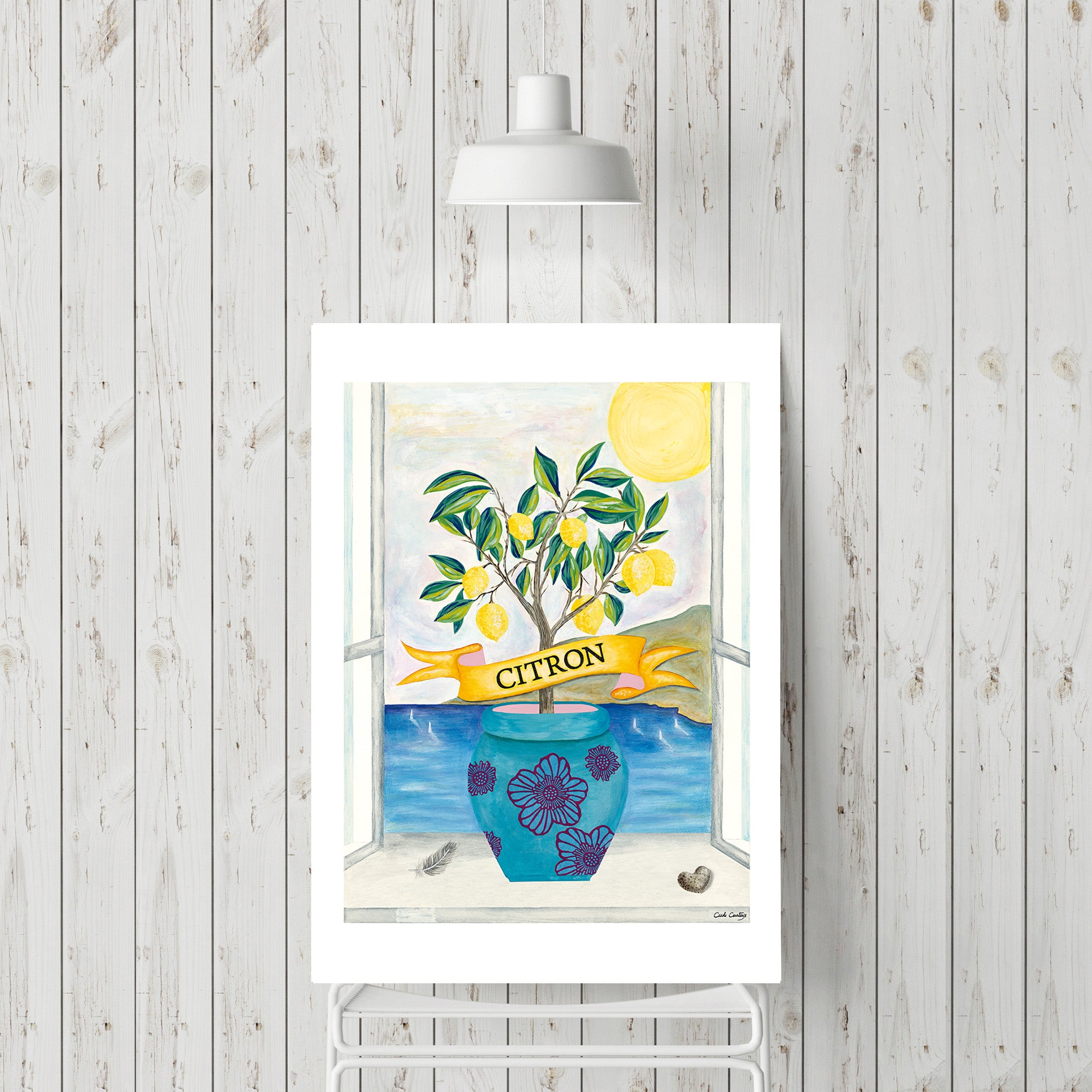 Affiche « Le Citronnier » avec citronnier, gros citron jaune et vase bleu, design lumineux.