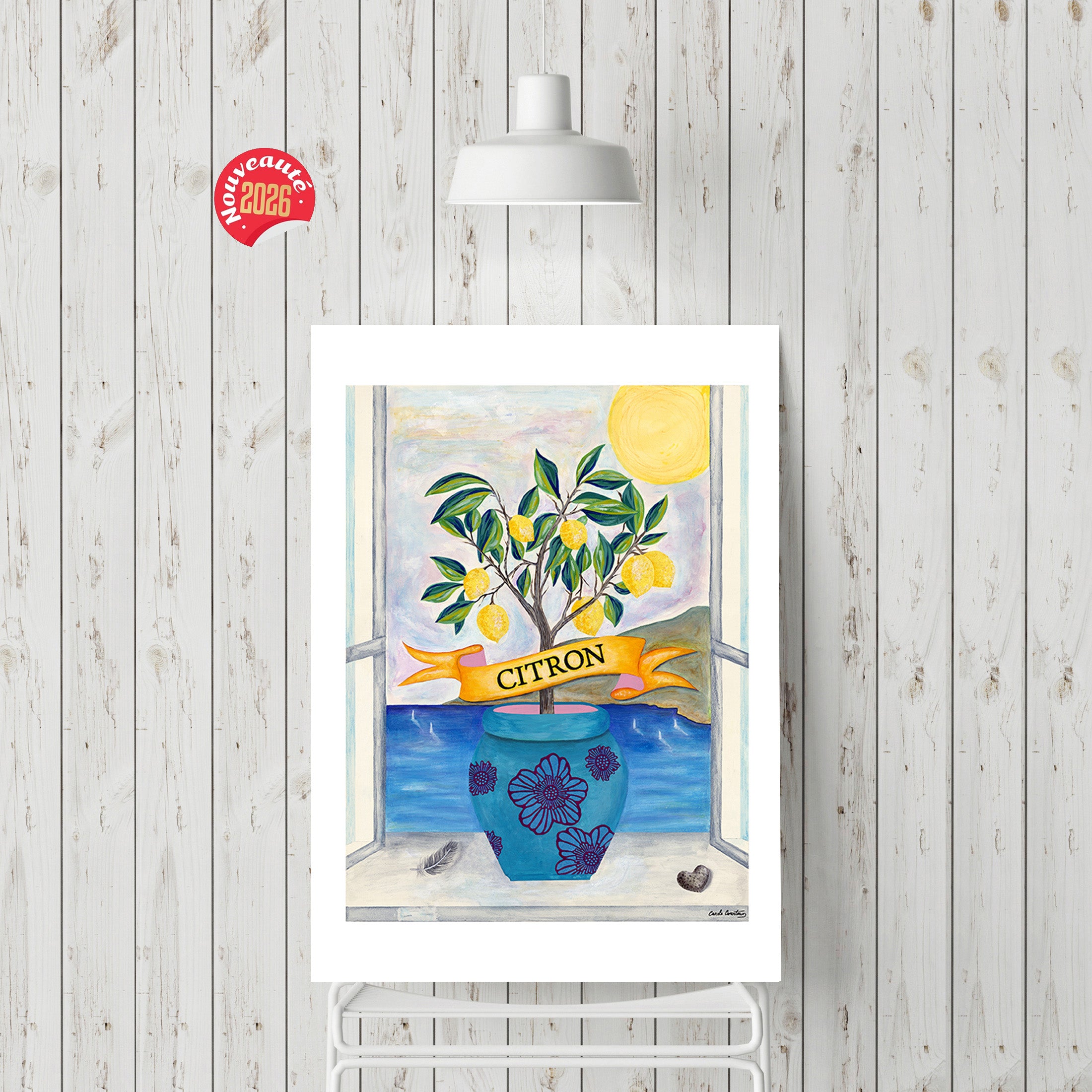 Affiche peinture numérique encadrée, citronnier illustré et soleil jaune.