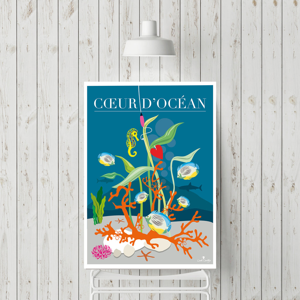 Affiche encadrée « Cœur d’Océan » avec hippocampe, poissons et coraux sur fond bleu