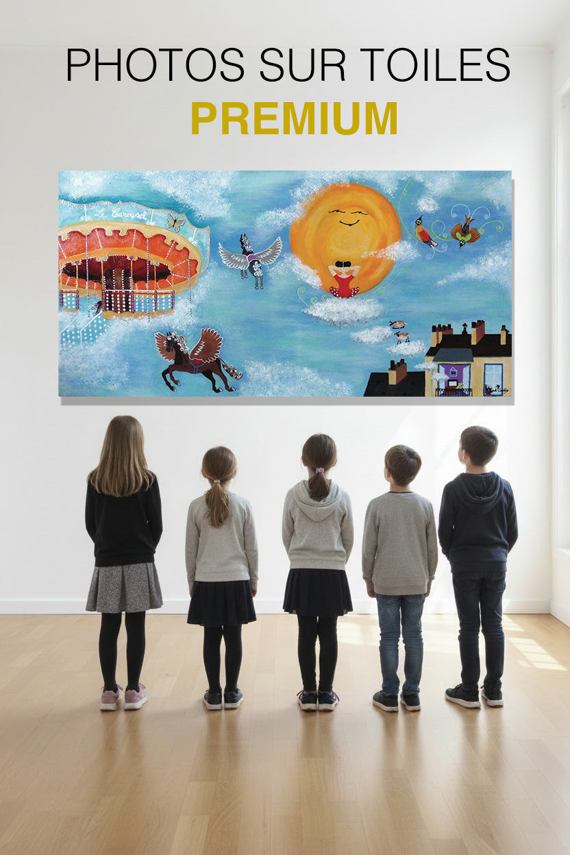 Toile imprimée enfants : soleil souriant, personnages, enfants vus de dos devant la toile