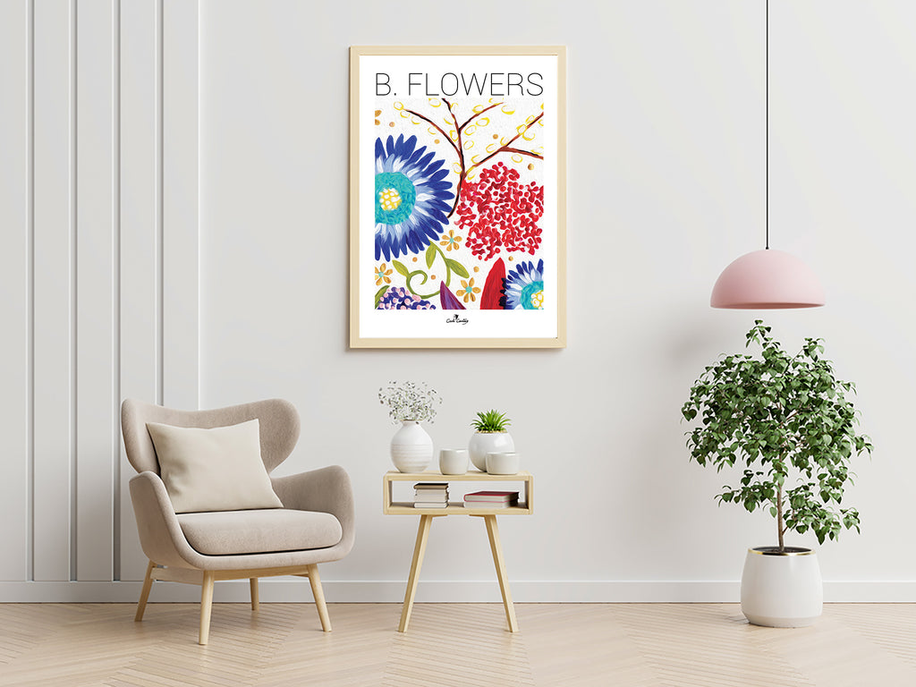 Affiche encadrée de fleurs bleues et rouges, dessin floral sur fond blanc