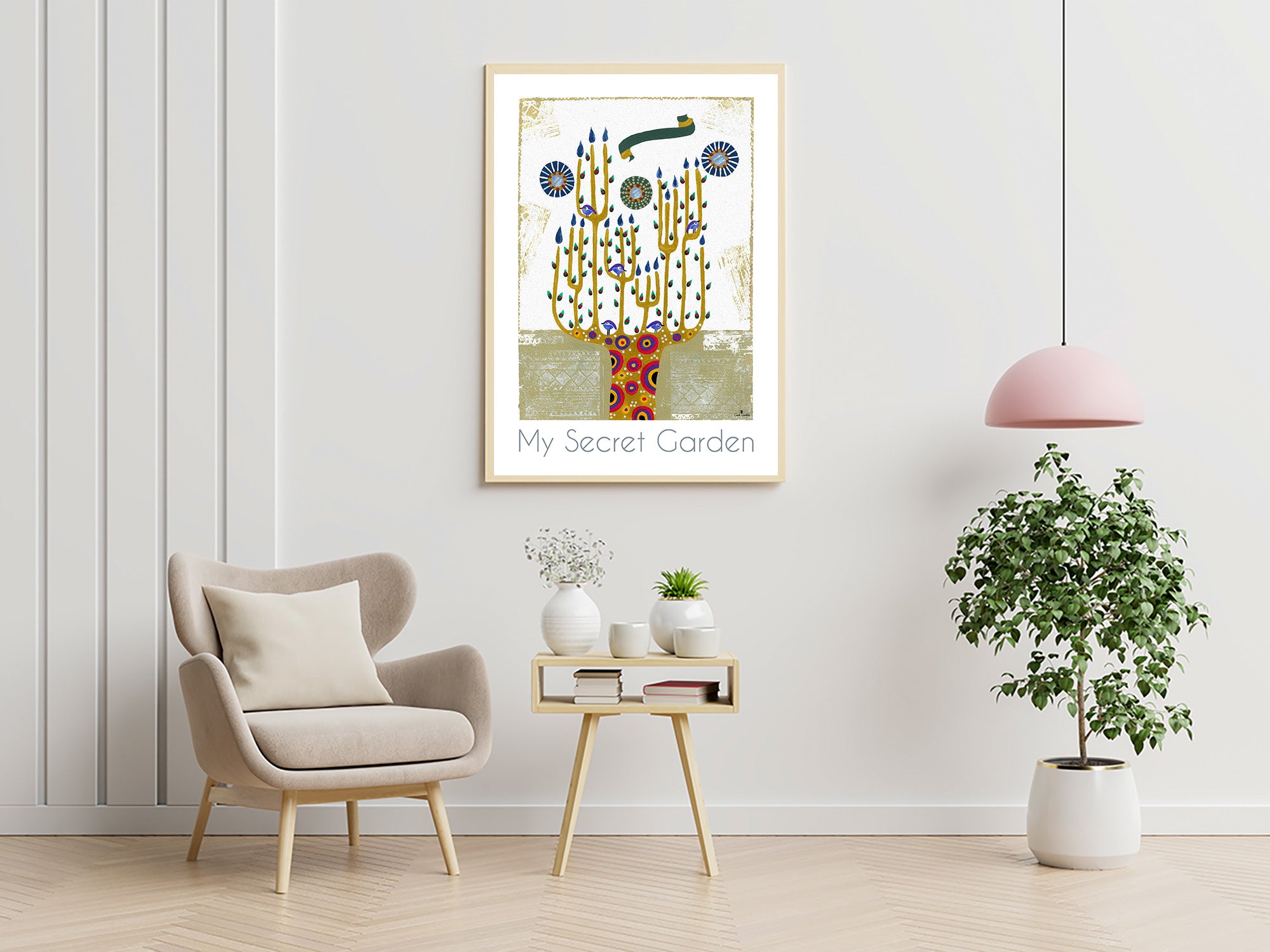 Affiche Menhora encadrée, chandelier bleu et or sur fond clair, texte « My Secret Garden »