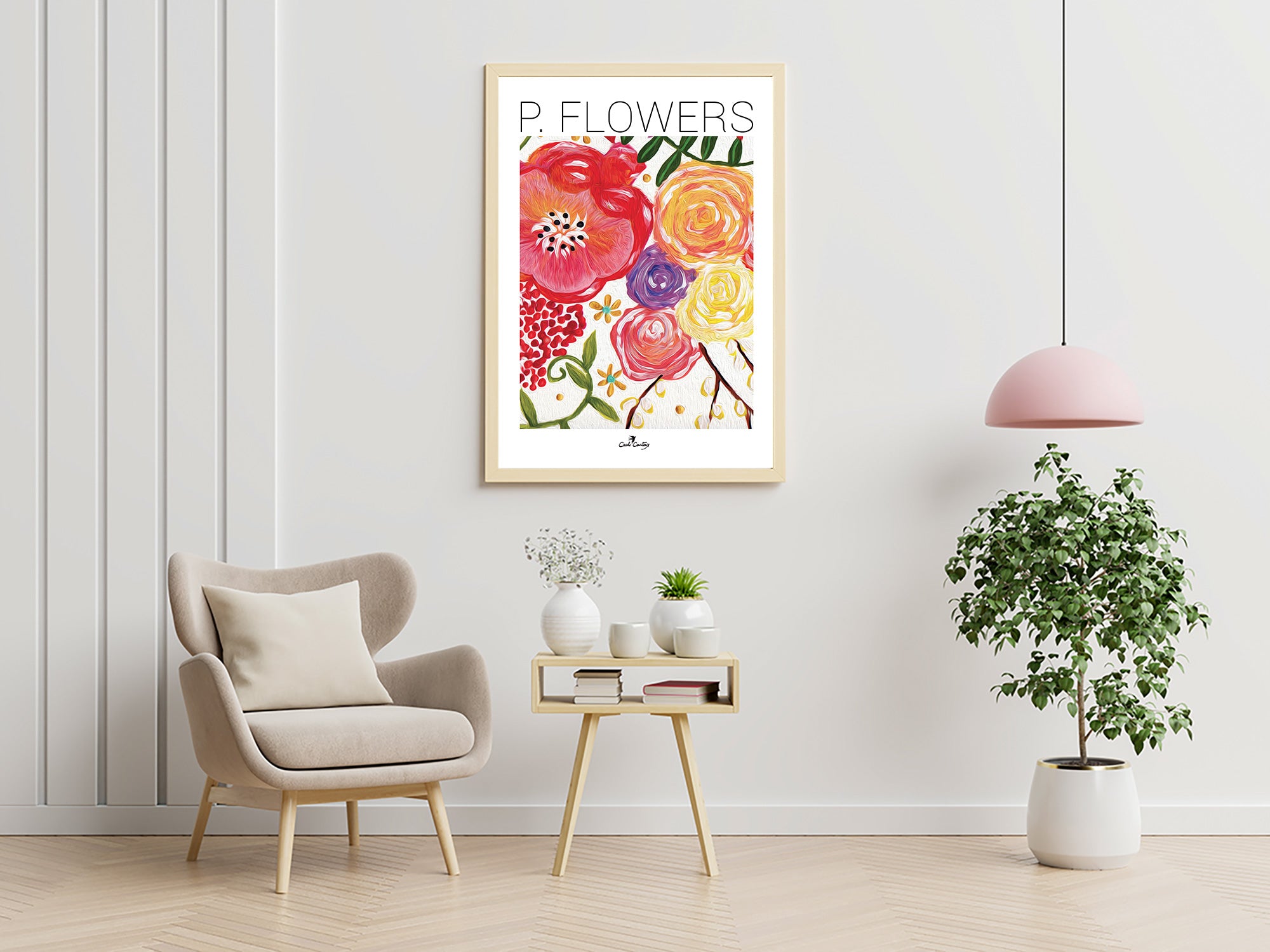 Affiche fleurs dans un cadre beige, roses rouges et jaunes, texte « P. FLOWERS ».
