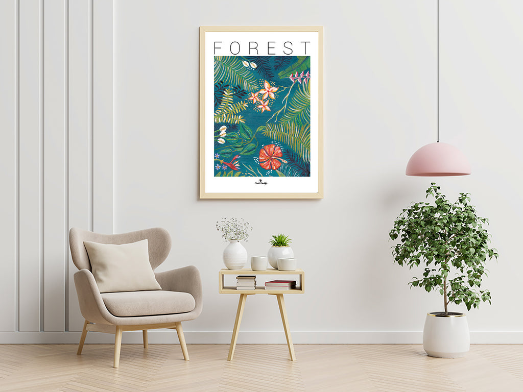 Affiche encadrée, motif forêt tropicale: feuilles vertes et fleurs colorées sur fond bleu