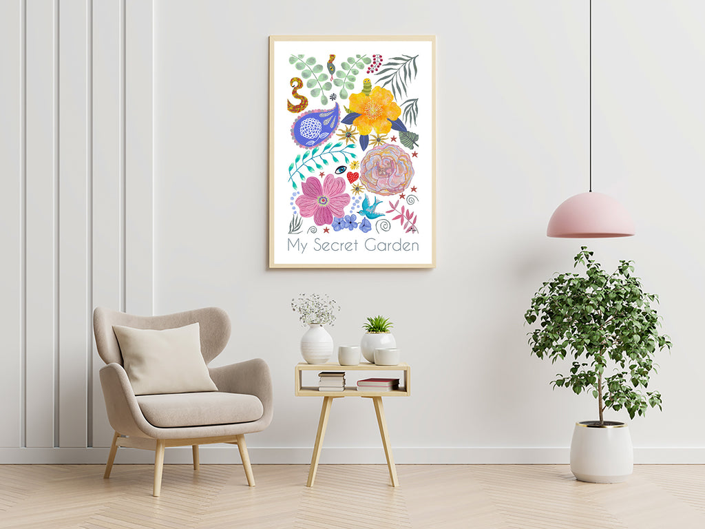 Affiche encadrée « My Secret Garden » avec fleurs, feuilles et motifs colorés