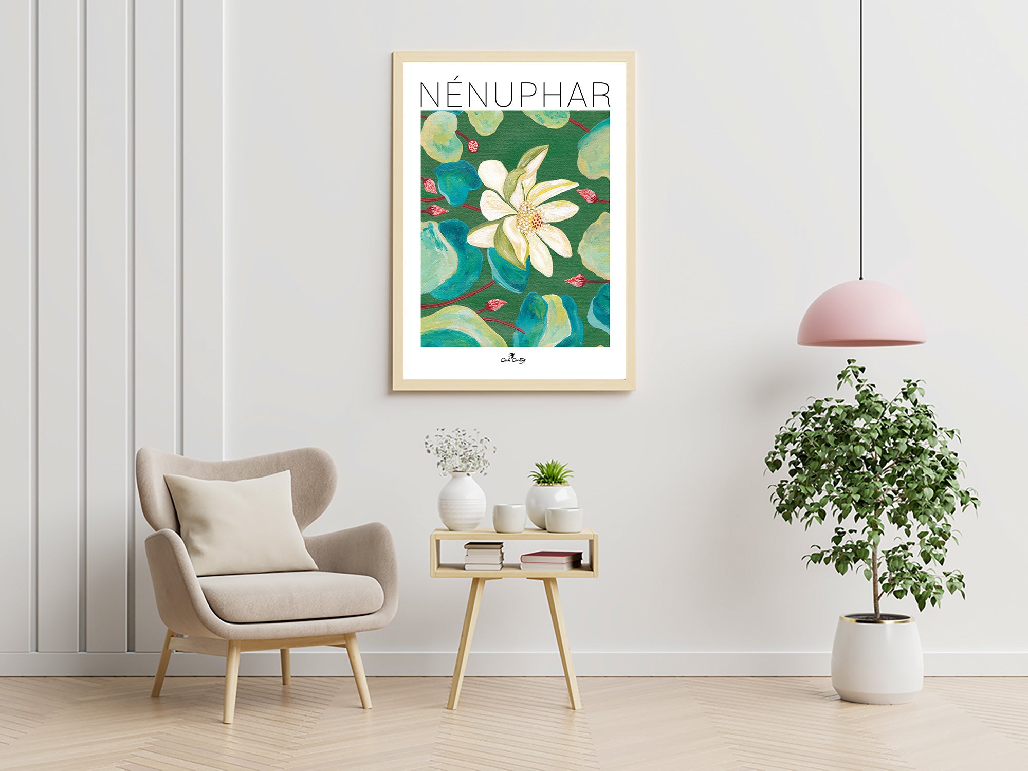 Affiche nénuphar encadrée : fleurs blanches sur fond vert, décor aquatique.