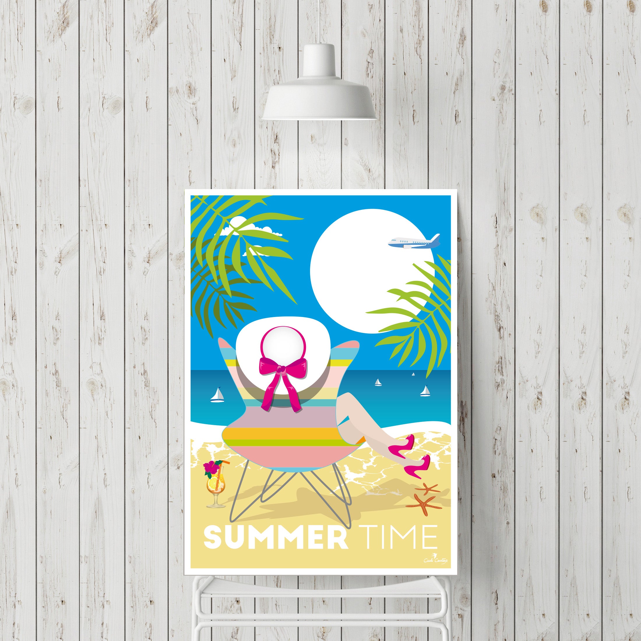 Affiche « Summer Time » en version poster: plage, palmiers, soleil, chaise et figurine