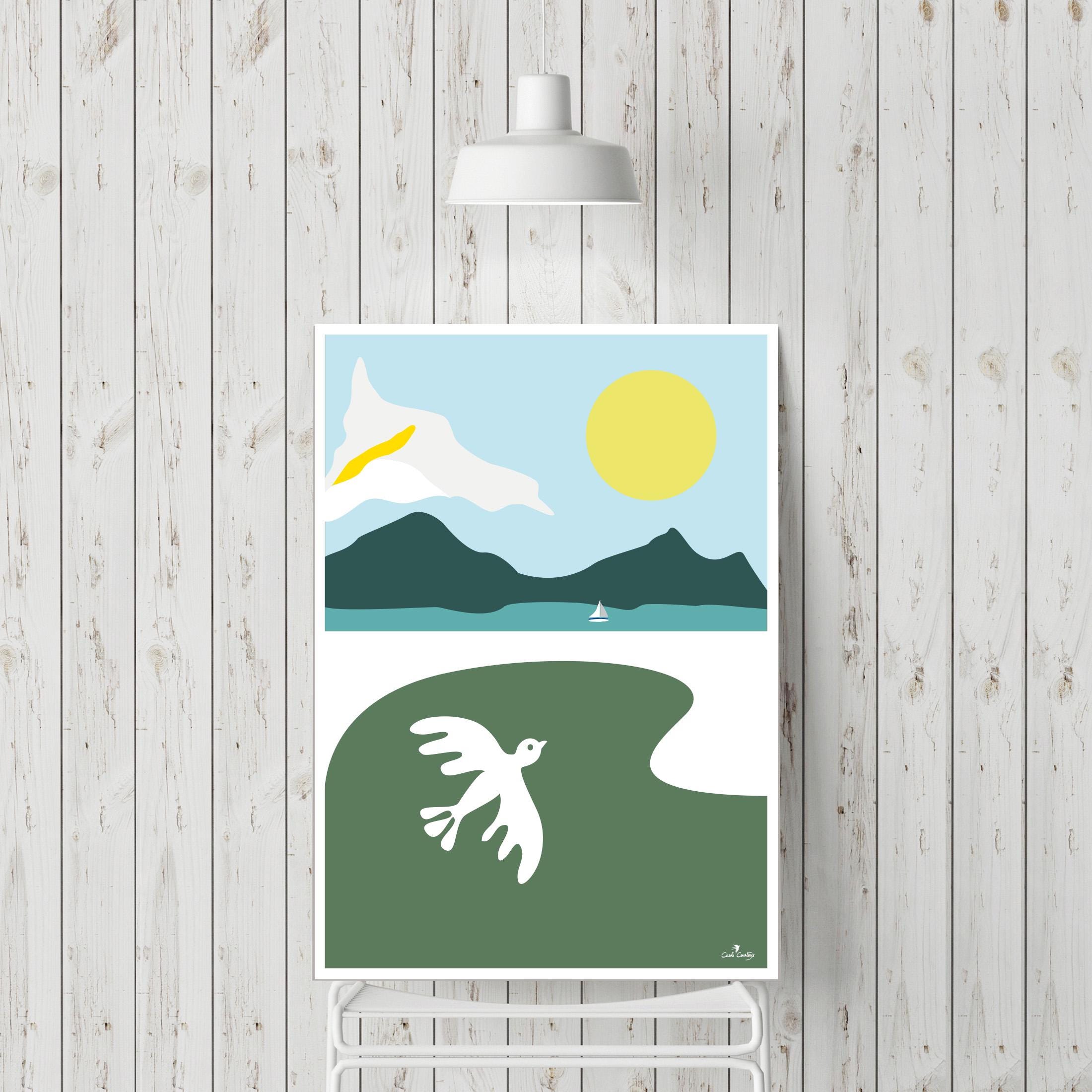 Affiche encadrée: montagnes, soleil jaune et oiseau blanc sur fond vert