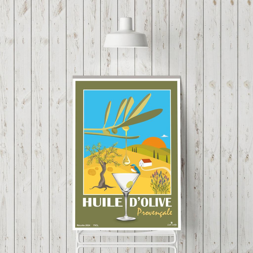 Affiche d’huile d’olive provençale, illustration paysage avec verre et olivier