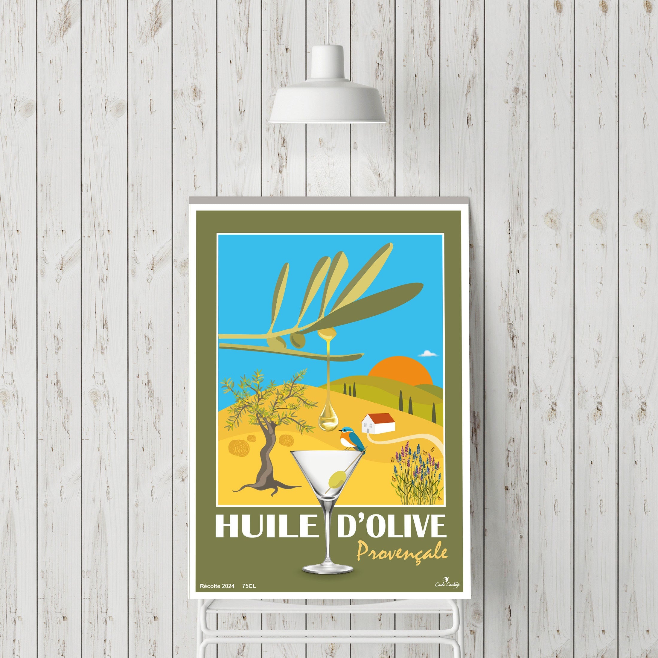 Affiche d’huile d’olive provençale, illustration paysage avec verre et olivier
