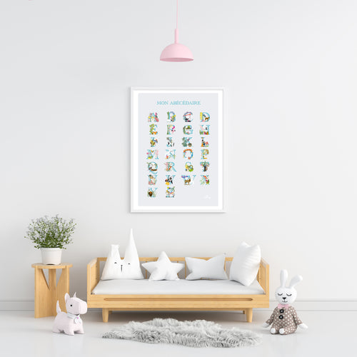 Affiche d’alphabet pour enfant, lettres décorées multicolores, cadre blanc