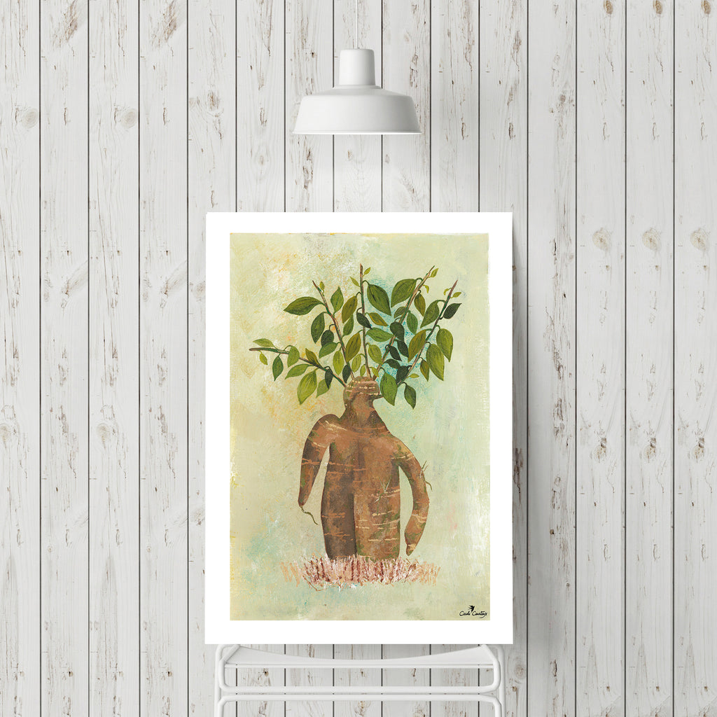Affiche encadrée avec homme-bonsaï : silhouette brune et feuilles vertes