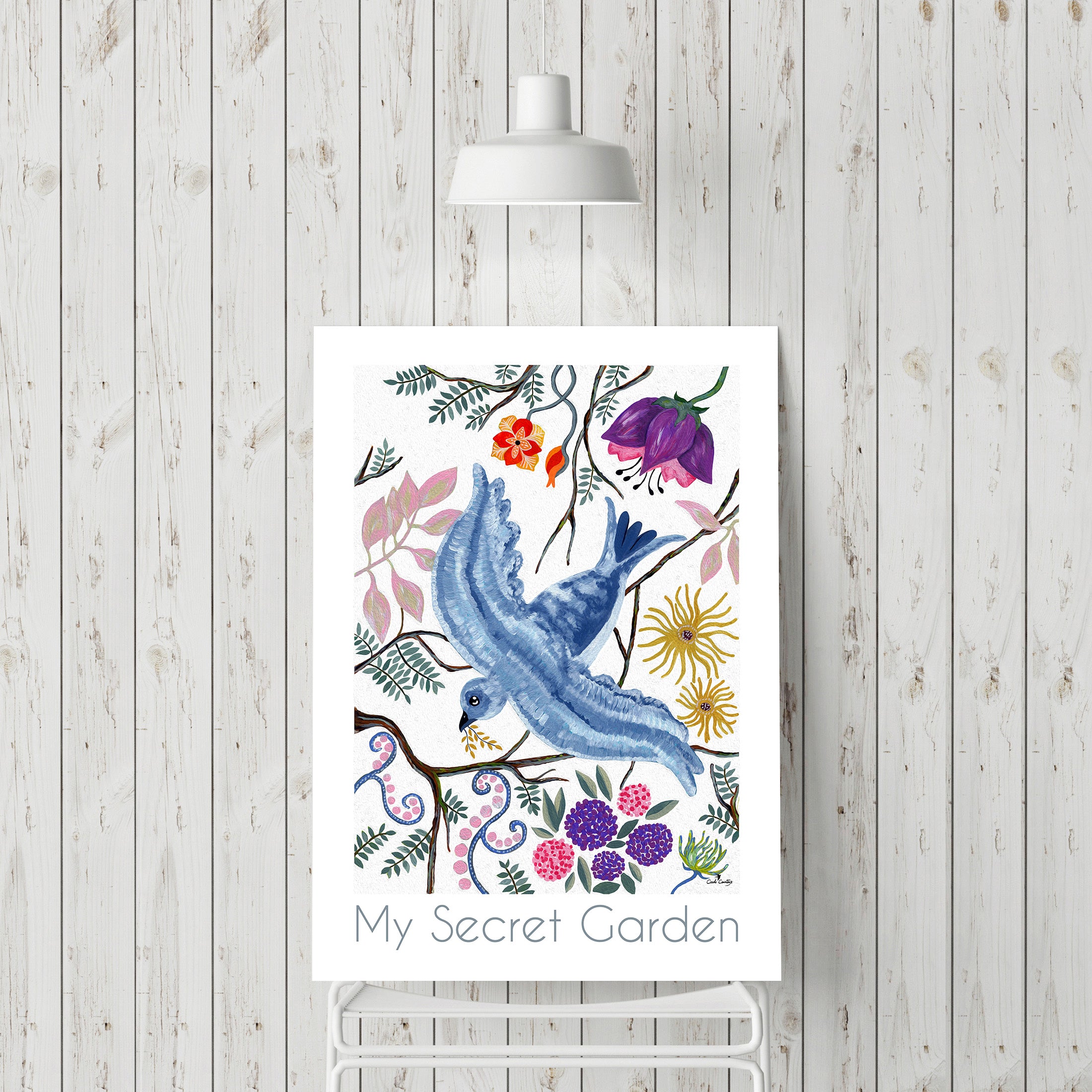 Affiche avec oiseau bleu, fleurs et feuillage, « My Secret Garden »