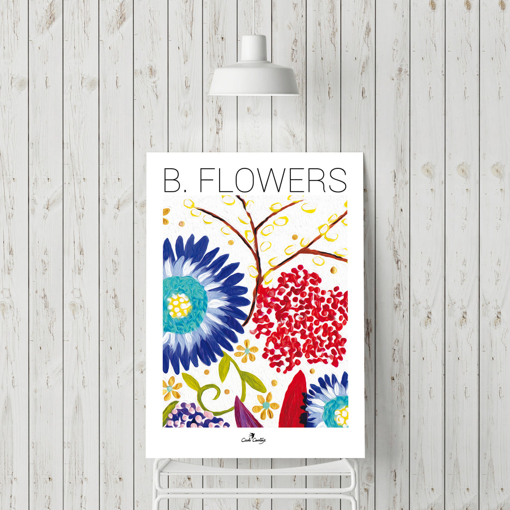 Affiche carrée de fleurs bleues et rouges, cadre blanc, illustration colorée