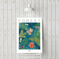 Affiche encadrée avec motif feuillage vert, fleurs roses et fond bleu-gris